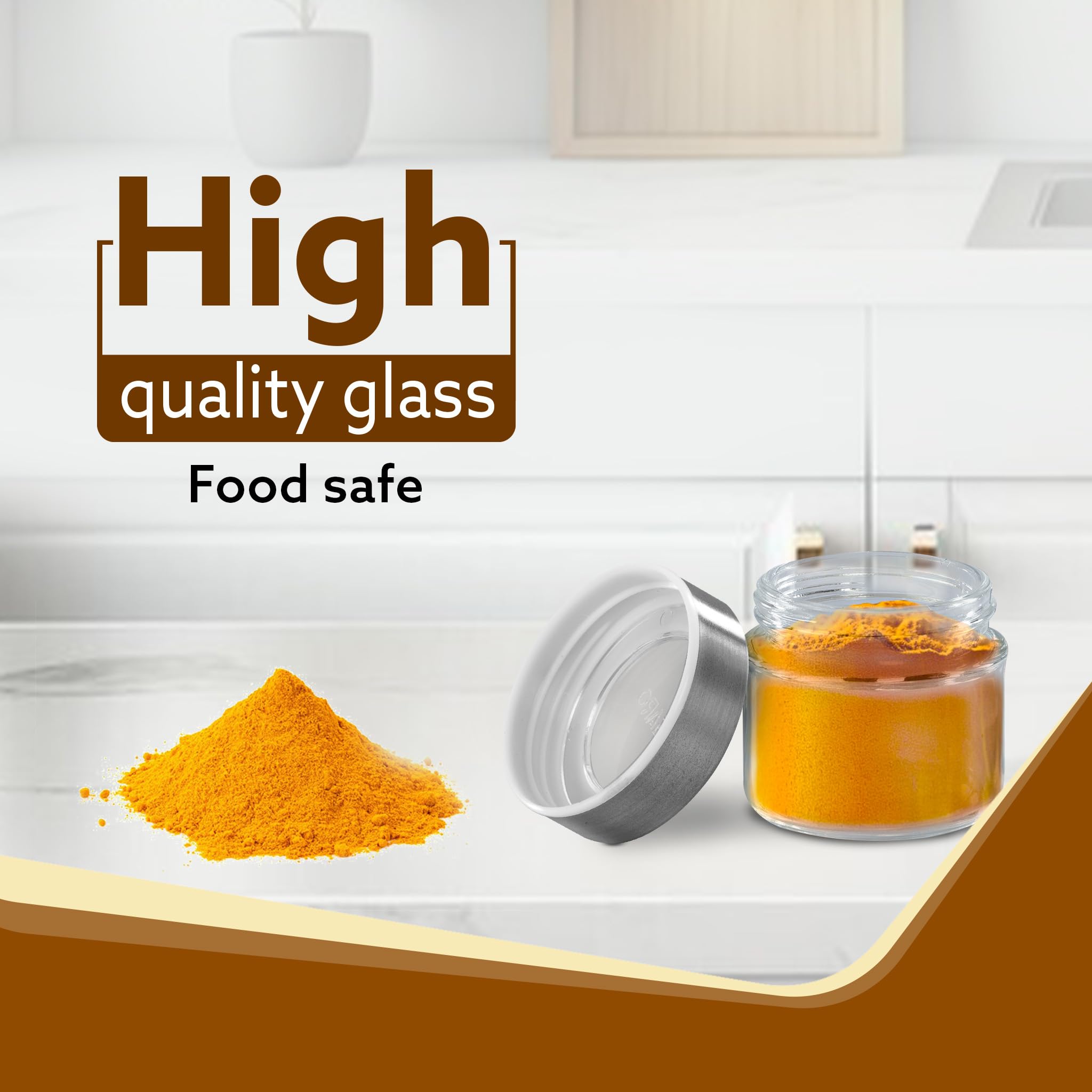 AGARO Elegant Glass Spice Jar with Metal Stand, Pack of 4, 100Ml Each, Spice storage box, kitchen organizer, spice containers, m